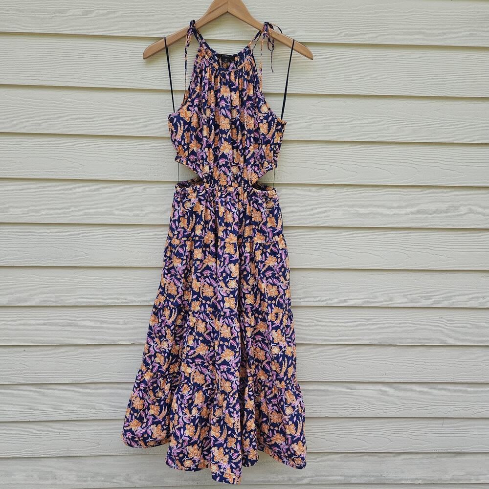J.Crew Harbor Side-Cutout Midi Dress Womens MP Floral Painted Block Print Tiered